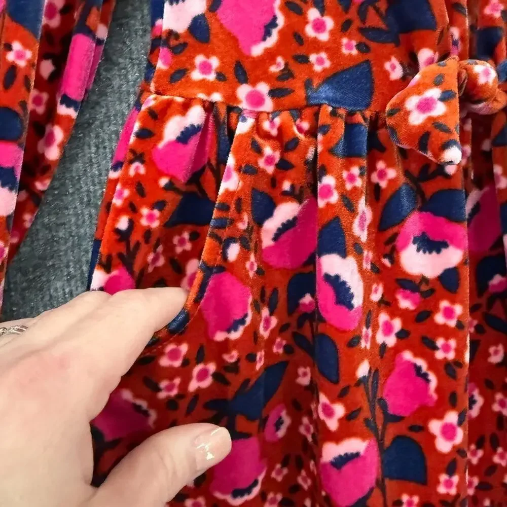 Cat & jack Girls Floral Velour Dress Size 5T Burnt Orange Pink Bow Pockets